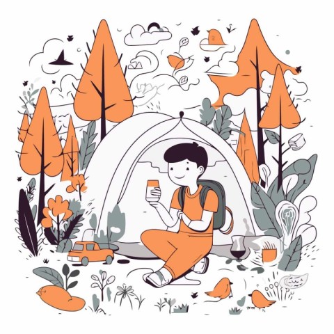 Vector illustration of a boy sitting in a tent in the forest.