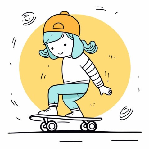 Girl riding a skateboard in a flat style.