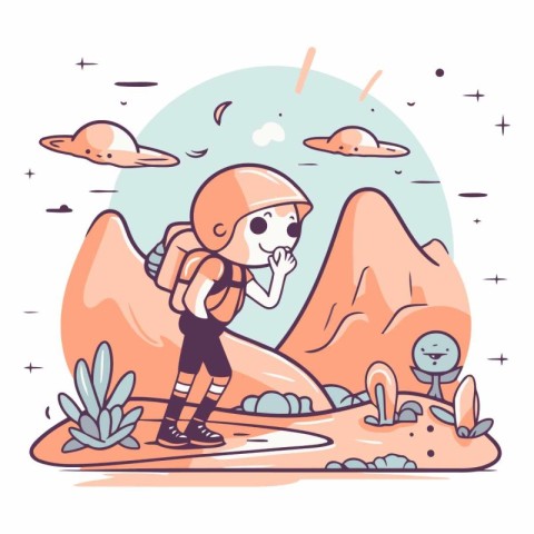 Climbing in the mountains in cartoon style.