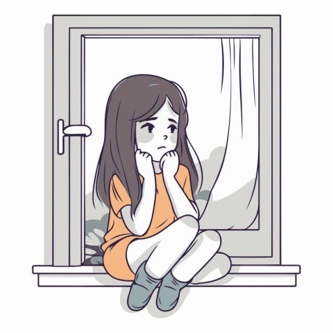 Sad girl sitting on the windowsill in sketch style.