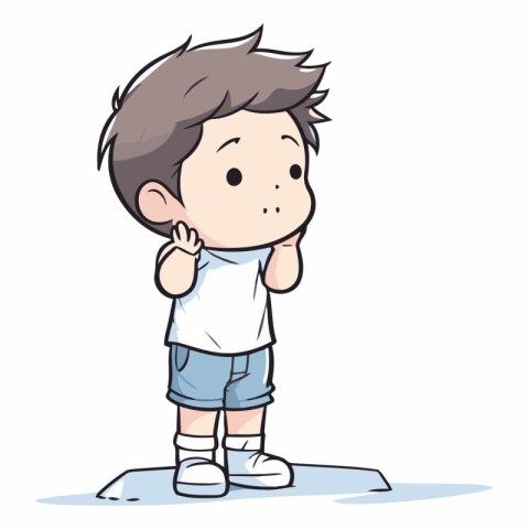 Cute little boy standing and thinking. Vector clip art illustrat