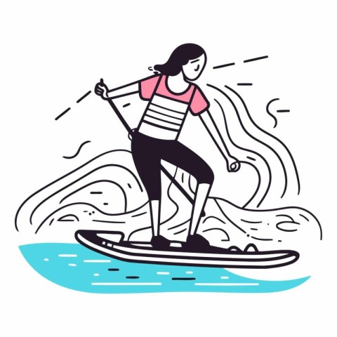 Woman surfing on the sea in doodle style