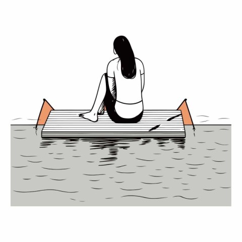 Young woman sitting on a wooden bench in the water