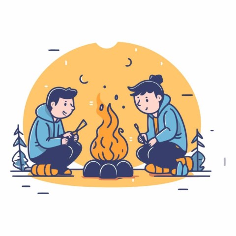 Vector illustration of a couple sitting at the bonfire in the ca