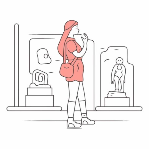 Young woman looking at the museum exhibit. Vector line art illus