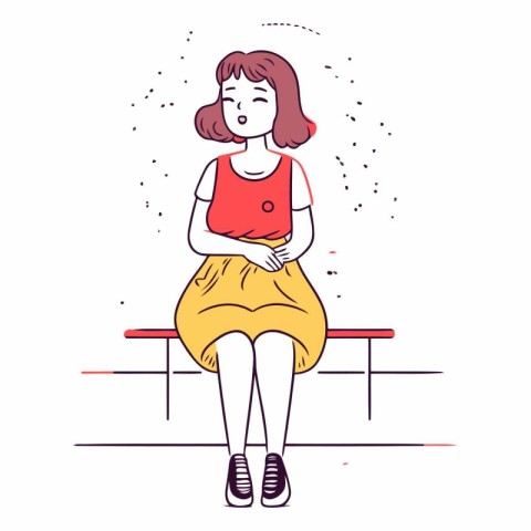 Young woman sitting on a bench in line art style.