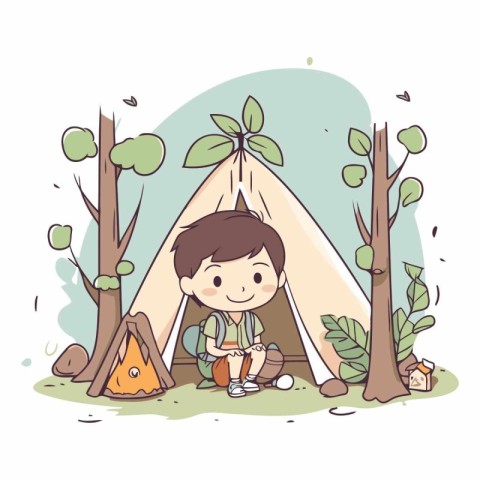 Little boy camping in the woods of a cute little boy in a tent.