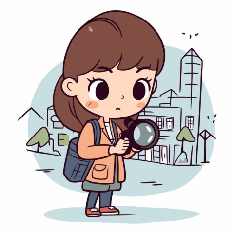 Little girl with a camera on the street in cartoon style.