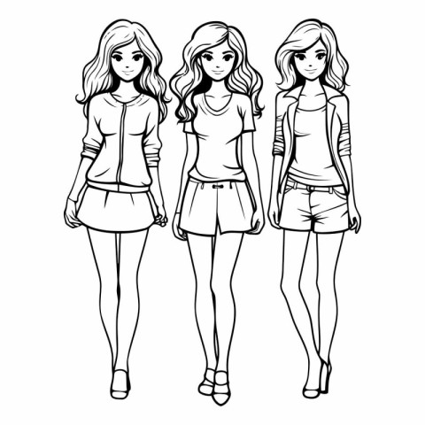 Fashion girls sketch of beautiful young women in casual clothes.