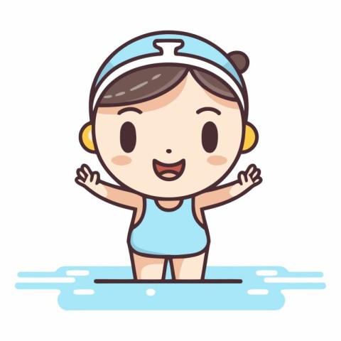 Cute cartoon boy in swimming suit and cap.