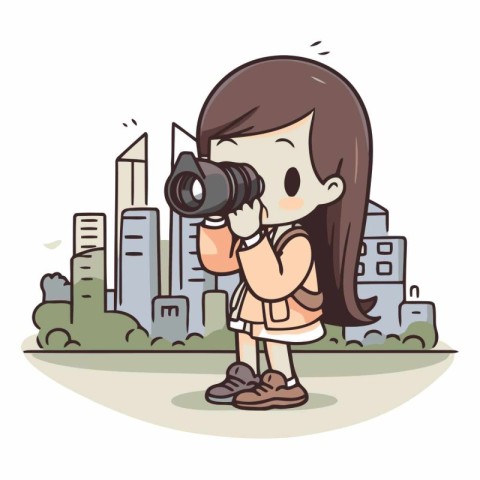 Girl taking photo with a camera in the city.