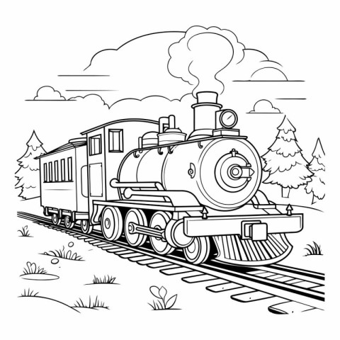 Steam locomotive. black and white vector illustration. Cartoon s