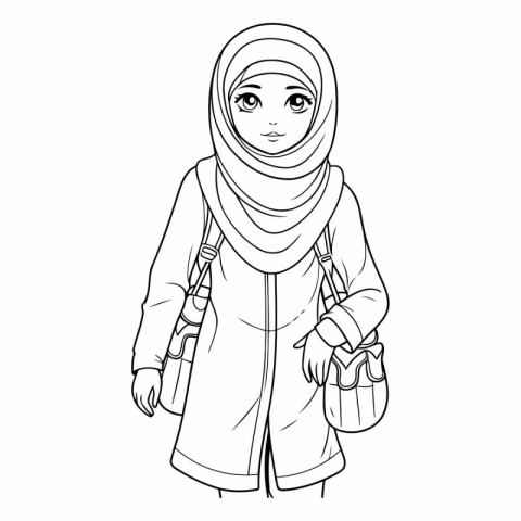 Hijab woman with backpack for coloring book.