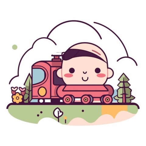 cute little boy riding a train in the park