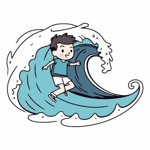 Boy surfing on the wave of a cartoon character.