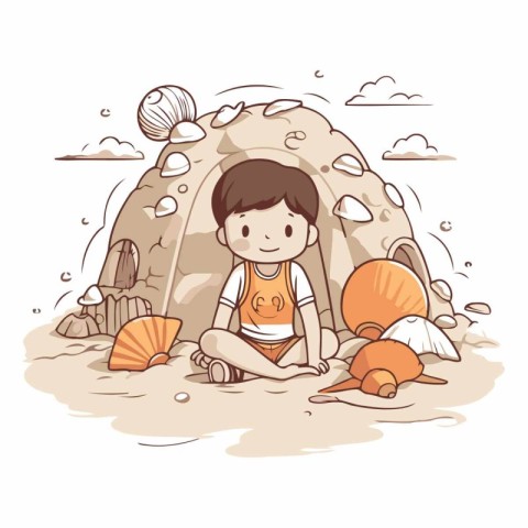 Cute little boy sitting in a sandcastle.