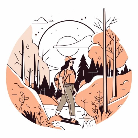 Hiking woman in the forest in flat style.