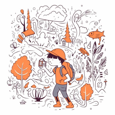 Vector illustration of a boy with a backpack and a map in his ha