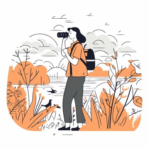 Vector illustration of woman photographer with camera taking pic