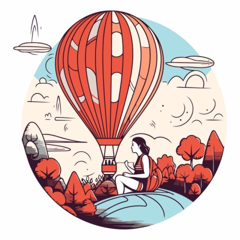 Girl in hot air balloon in a flat style.