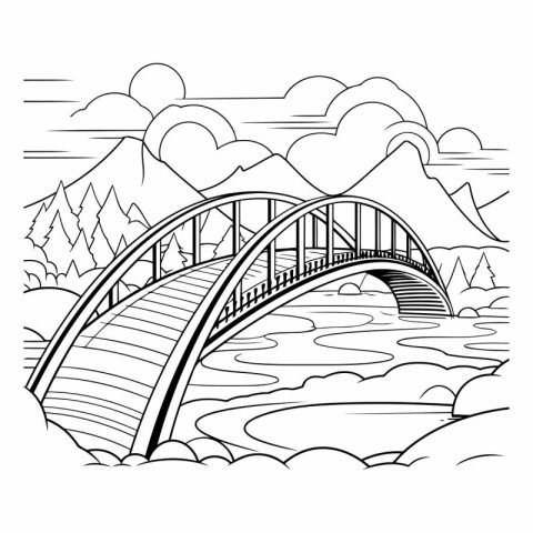 Bridge over the river. Black and white vector illustration for c