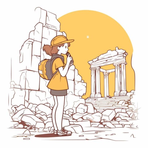 Tourist woman with backpack standing at ancient ruins.