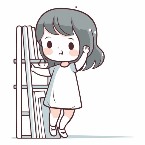 Girl standing on ladder and holding her hand up.