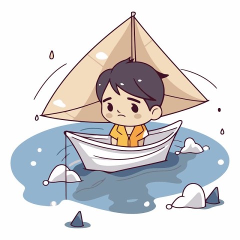 Illustration of a Little Boy Playing with a Folded Paper Boat