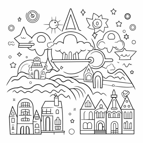 Line art vector illustration of fairytale city. Fairytale town w