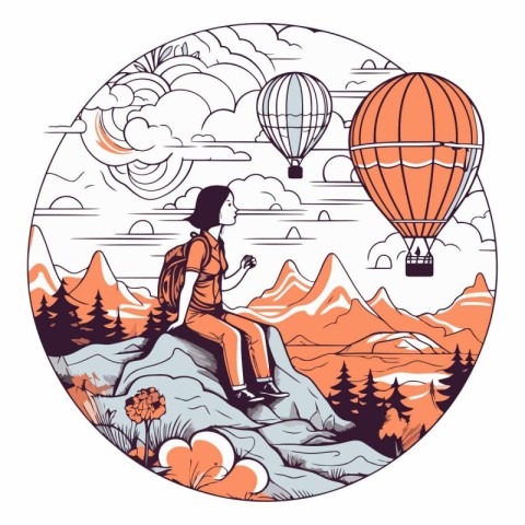 Vector illustration of a woman hiker on the top of a mountain wi