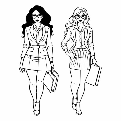 Fashionable women in glasses with briefcase. Sketch.