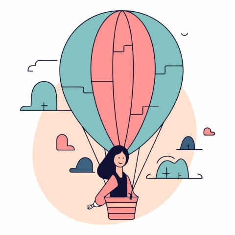 Vector illustration of a girl in a hot air balloon. Flat style.