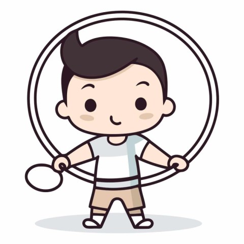 Boy doing fitness exercise with hoop. Cartoon style.