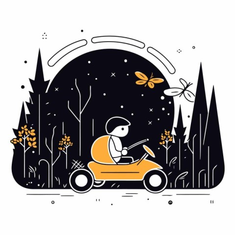 Vector illustration of a man driving a motorbike in the forest.