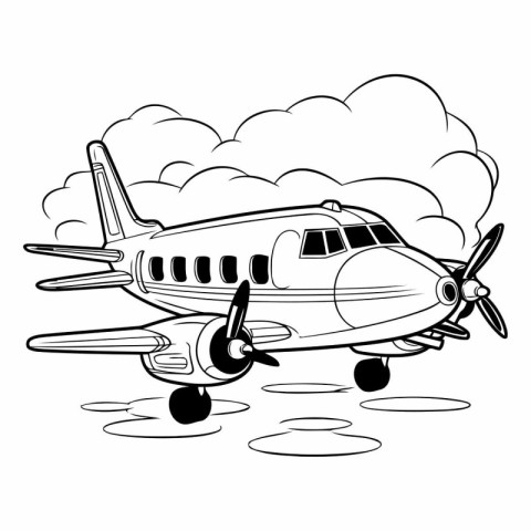 airplane flying with clouds on white background in black and whi