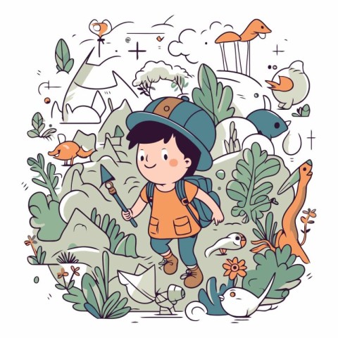 Cute little boy hiking in the forest. Vector hand drawn illustra