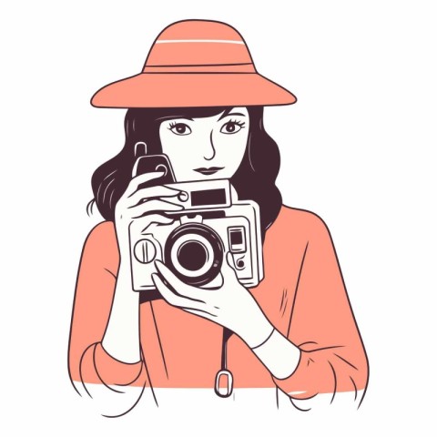 Beautiful girl in a hat with a camera.