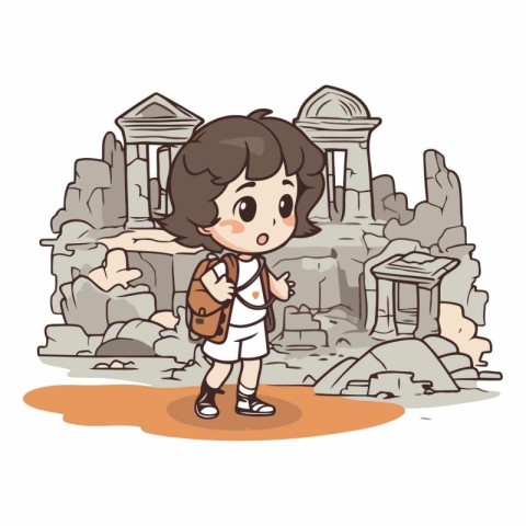 Little girl with a backpack in front of ancient temple.