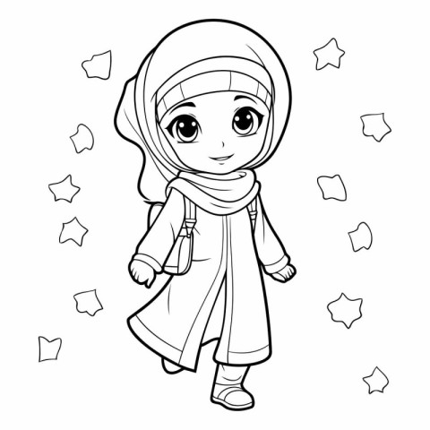 Cute muslim girl in hijab for coloring book