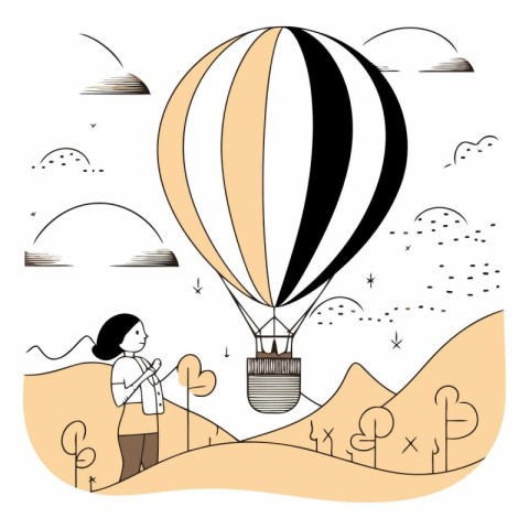 Businesswoman flying on hot air balloon in the desert.