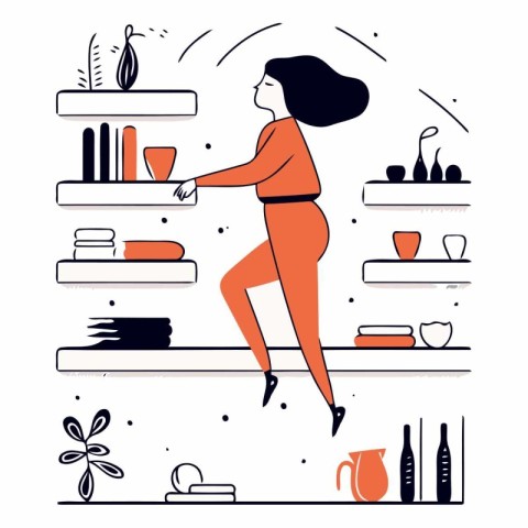 Vector illustration of a woman standing on the shelf in the kitc