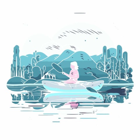 Vector hand drawn illustration of a man kayaking on the lake.