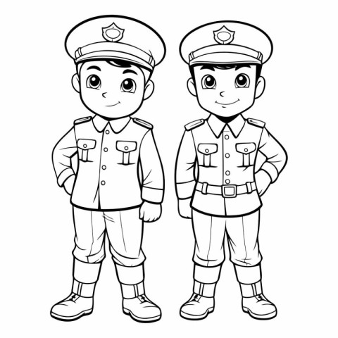 Black and White Cartoon Illustration of Kids Police or Policeman