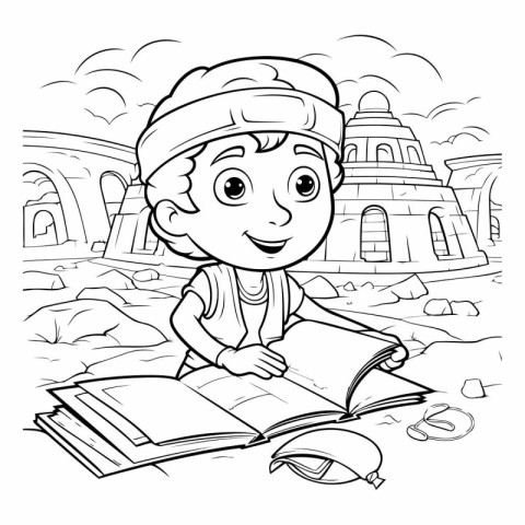 Coloring Page Outline Of Cartoon Muslim Boy Reading Quran. Color