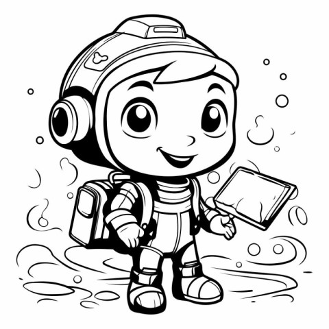 Black and White Cartoon Illustration of Cute Astronaut Kid Chara