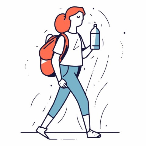 Vector illustration of a girl with a backpack and a bottle of wa