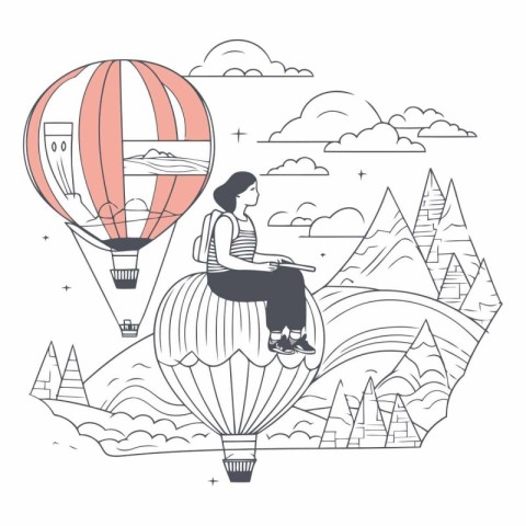 Woman flying on hot air balloon in mountains. Vector line art il