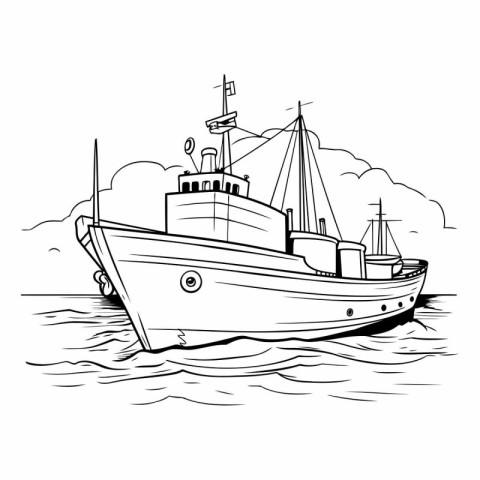 Fishing boat on the water. black and white vector illustration.