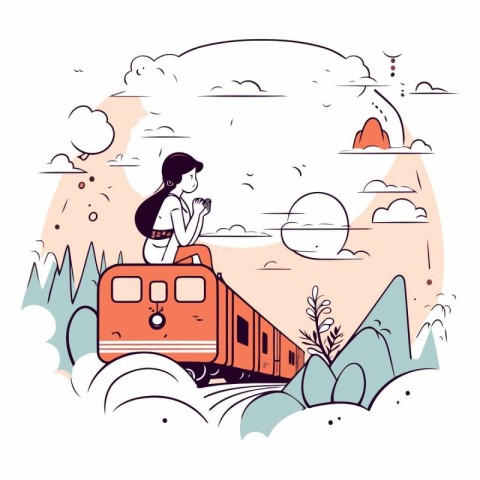 Vector illustration of a girl with a train on the background of