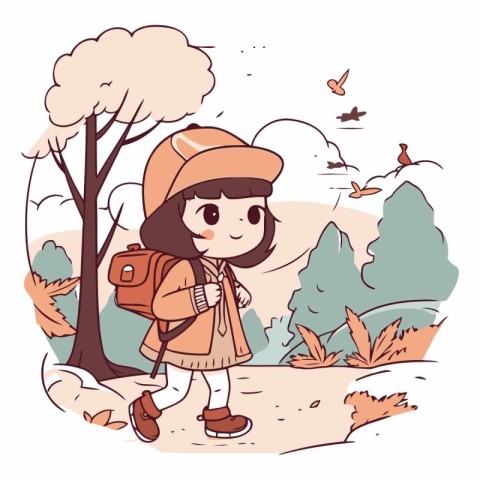 Cute little girl hiking in the autumn park.